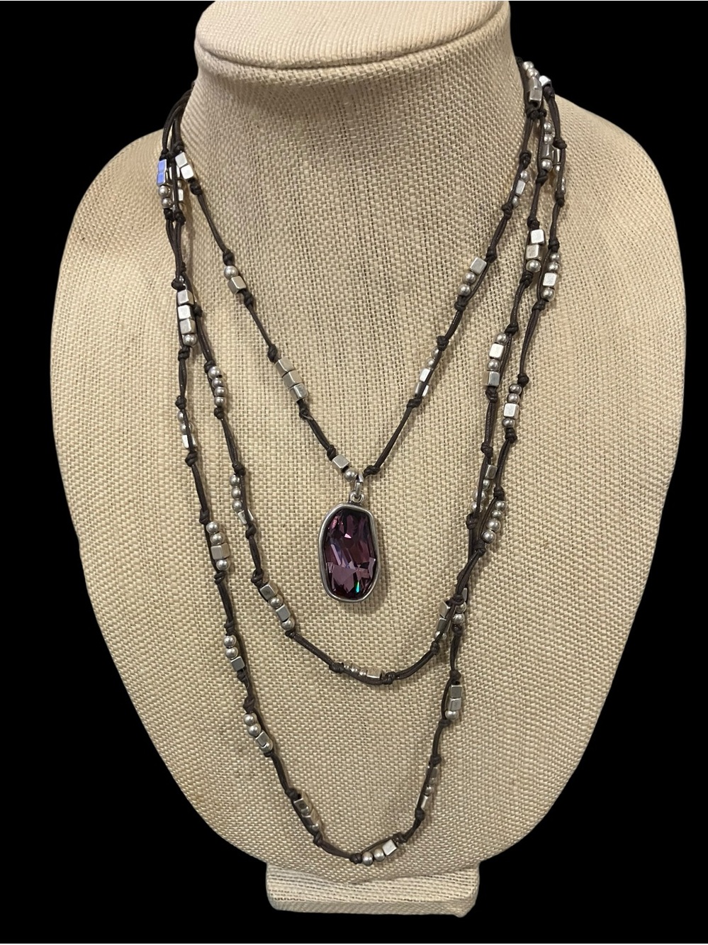 UNO de 50 Brown Leather Multi Strand Necklace Pink Crystal Pendant Silver tone